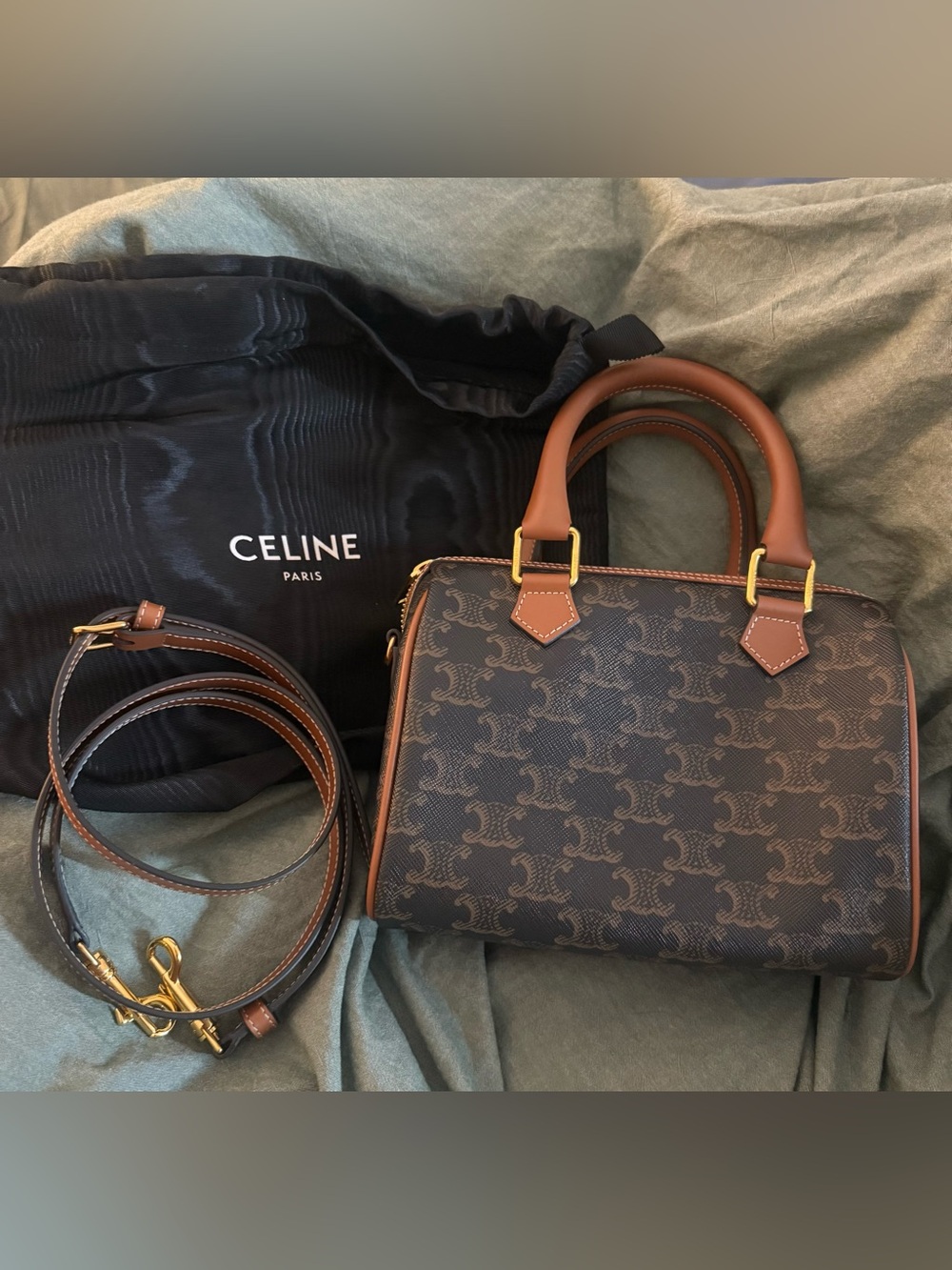 Celine Small Boston in Triomphe Canvas and Calfskin
